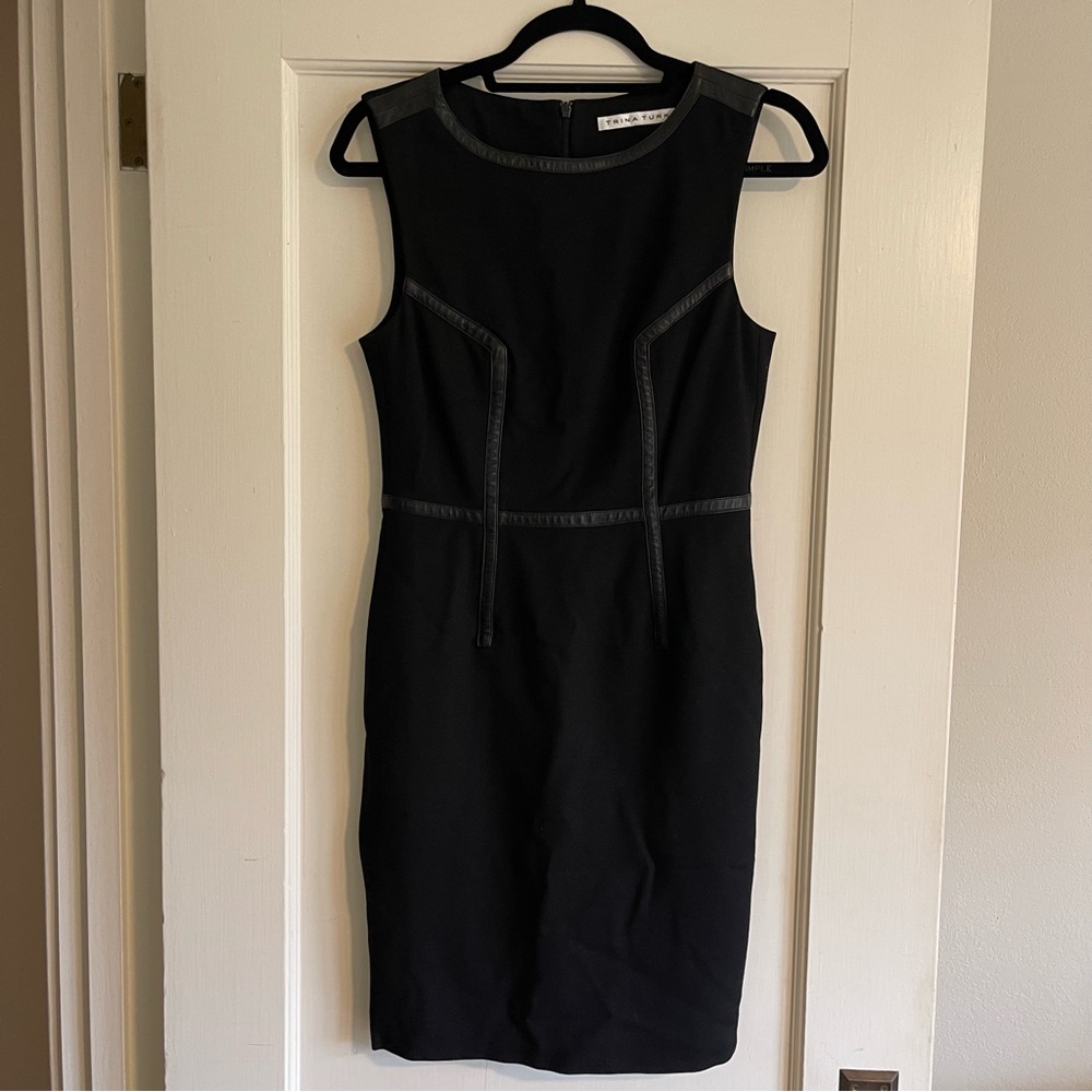 Trina Turk black sheath dress with leather trim